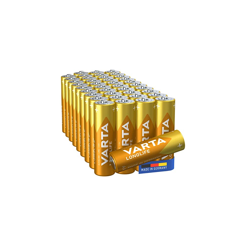 AA batteries, pack of 40, long-life, alkaline, 1.5 V, for remote controls, radios, clocks, made in Germany