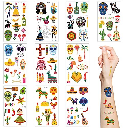 Halloween Temporary Tattoos for Kids,10 Sheets Mexican Fiesta Fake ...