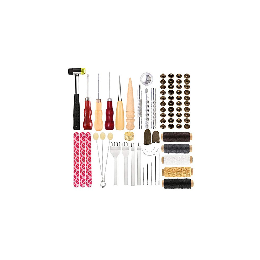 Leather Tools Kit, Leather Working Tools, Basic Leather Sewing Kit with Waxed Thread Cord, Prong Punch and Rivets Kit, Hand Sewing Needles, Leather