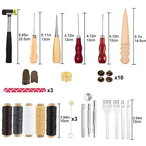 Leather Tools Kit, Leather Working Tools, Basic Leather Sewing Kit with Waxed Thread Cord, Prong Punch and Rivets Kit, Hand Sewing Needles, Leather 1