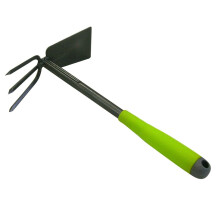 double hoe in black, hoe with proper-shaped handle, garden hoe 3 spines and spades, small powder coated hoe, double hacks with silver hammered effect