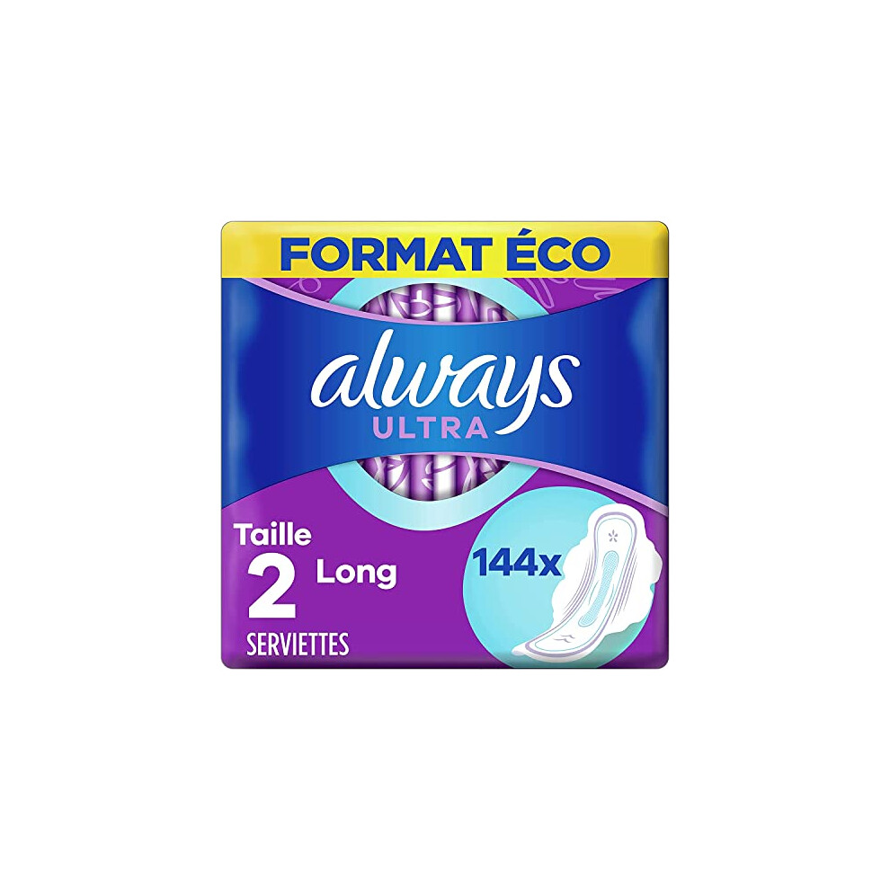 Ultra Sanitary Towels, Size 2, Long, 144 Towels with Wings, Moderate Flow Day, Eco Size, Max Comfort, Super Absorbent and Ultra Fine