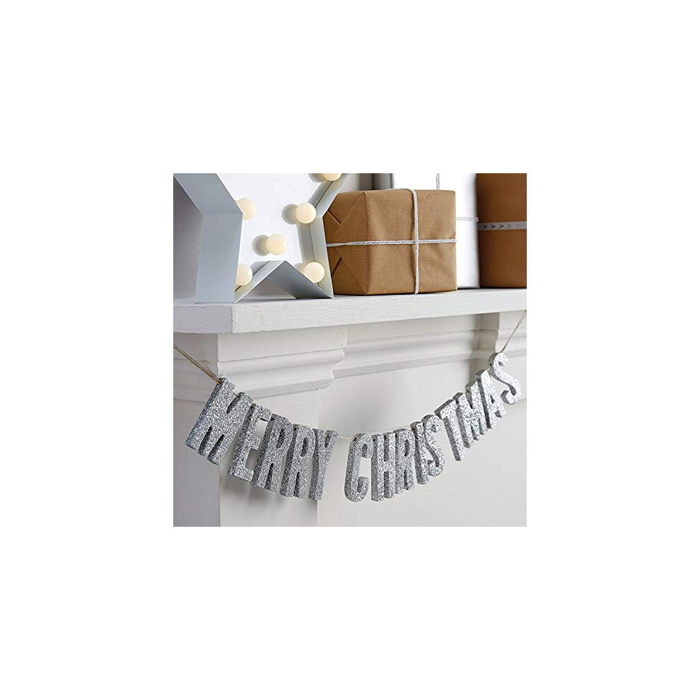 Merry Christmas Silver Wooden Glitter Garland Decoration