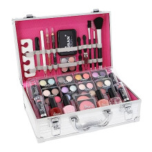Essentials Vegan Makeup Case – 64-Piece Vegan Makeup Set for Teenagers – Elegant Silver Box – Compact and Lightweight Design – Travel-Friendly
