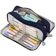 (Blue) Large Pencil Case With 3 Compartments Makeup For Secondary School School Supplies Pencil Cases School Stationary Set
