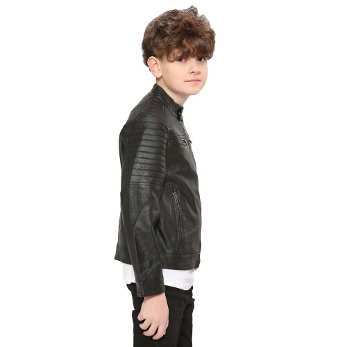 (9-10 Years) Boys Motorcycle Biker Black Pu Leather Jacket 1