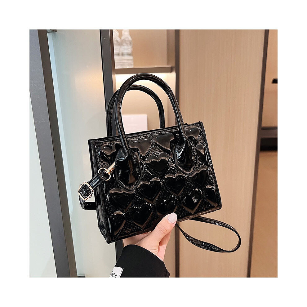 (Black) Patterned Handbag Heart Women Fashionable Embossed Crossbody Casual Shoulder Bag