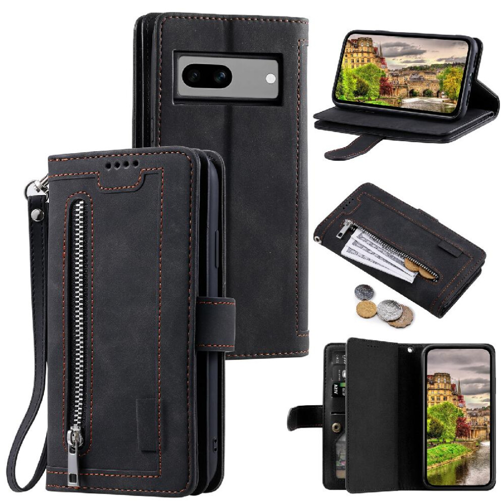 (Black) Flip Case For Google Pixel 8A Wallet Pu Leather 9 Card Slots Lanyard Kickstand Black 764762753900