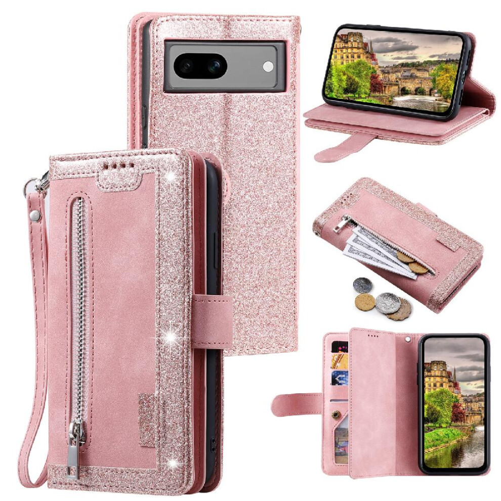 (Pink) Flip Case For Google Pixel 8A Wallet Pu Leather 9 Card Slots Lanyard Kickstand Pink 764762753917