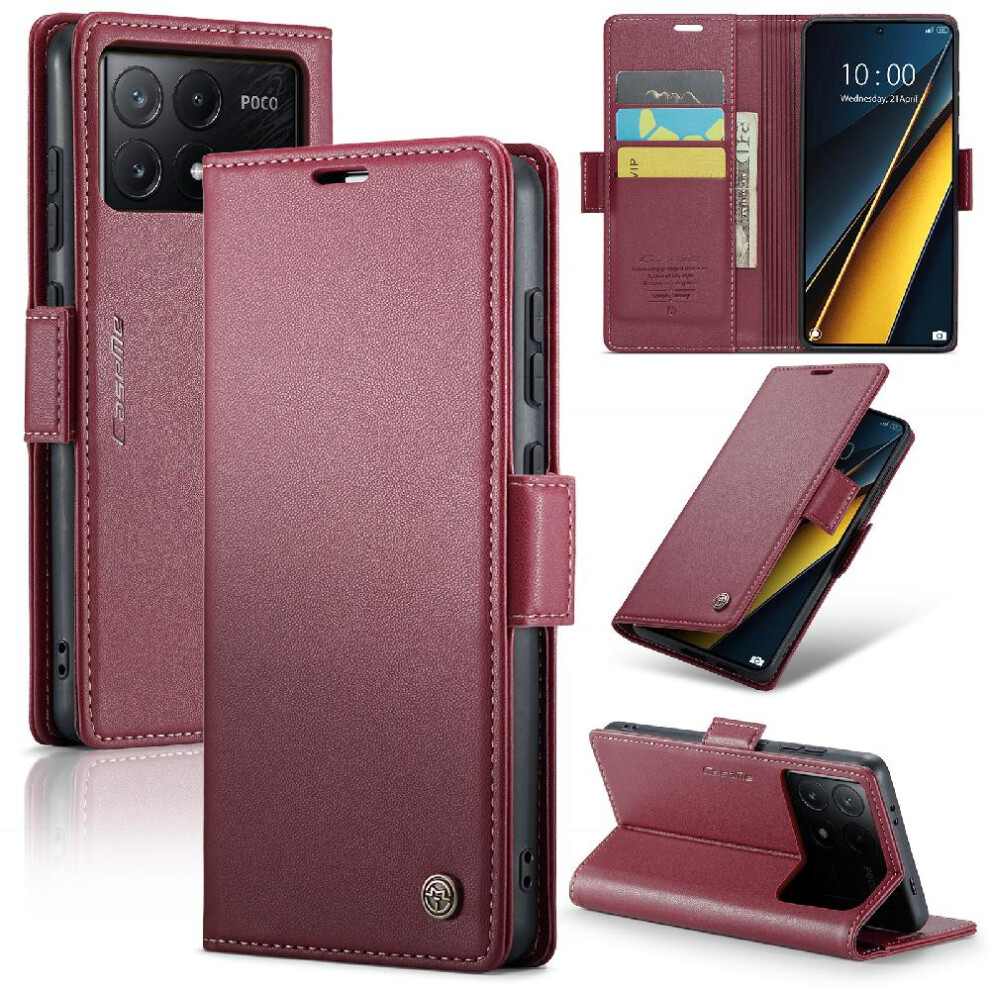 (Red) Caseme Case For Xiaomi Poco X6 Pro 5G Kickstand Shockproof Case Anti Fraud Wallet Case Card Slot Red 764762754549