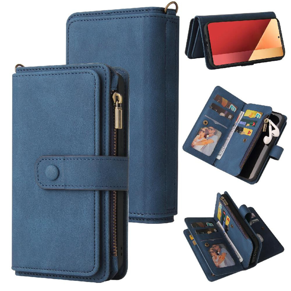 (Blue) Case For Xiaomi Redmi Note 13 Pro 4G Zipper Poket Fifteen Card Slots Pu Leather Magnetic Closure With Card Slot Stand Blue 764762754723