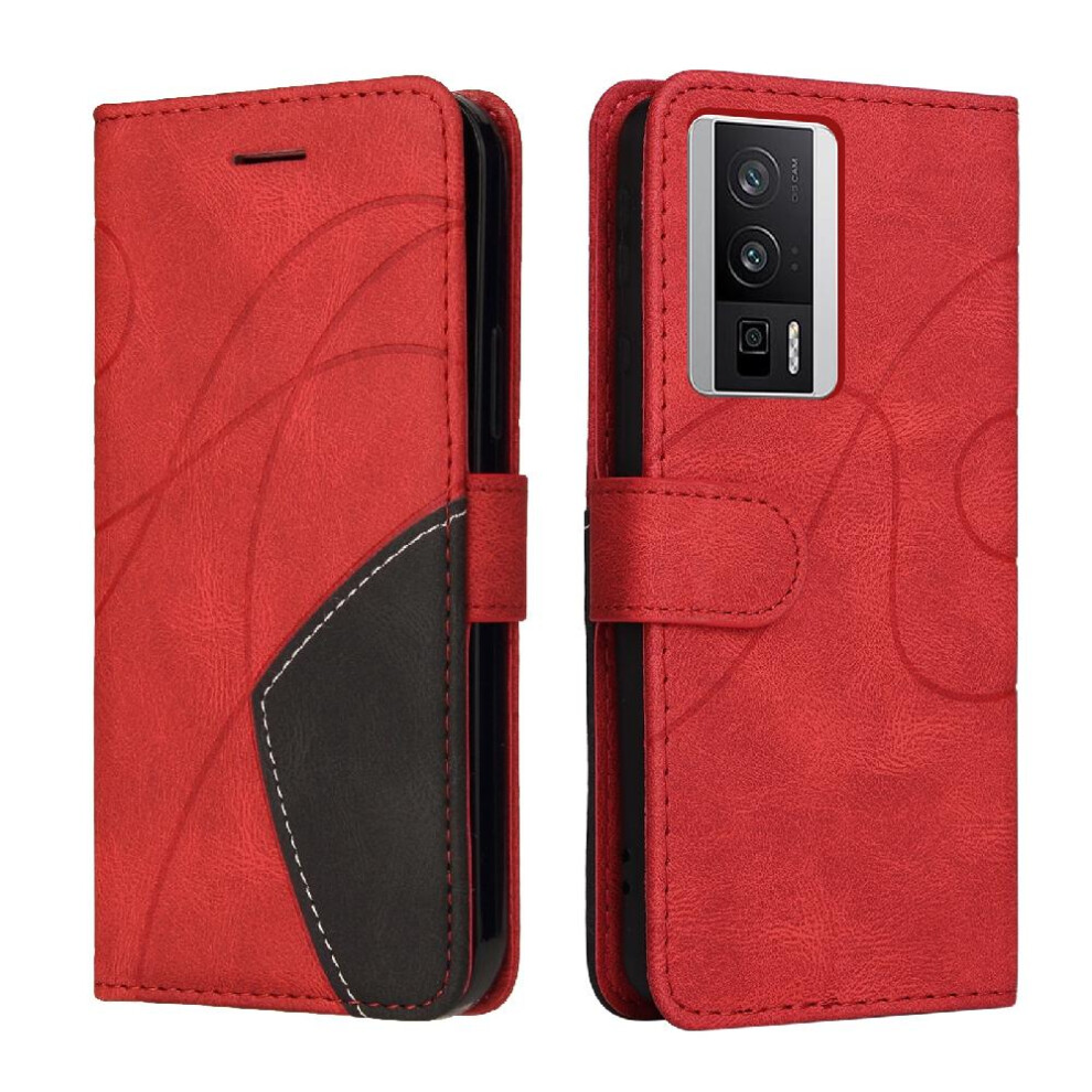 (Red) Case For Xiaomi Poco F5 Pro Pu Leather Flip Folio Case With Card Slot Stand Kickstand Protective Two-Color Stitching Red 764762755805