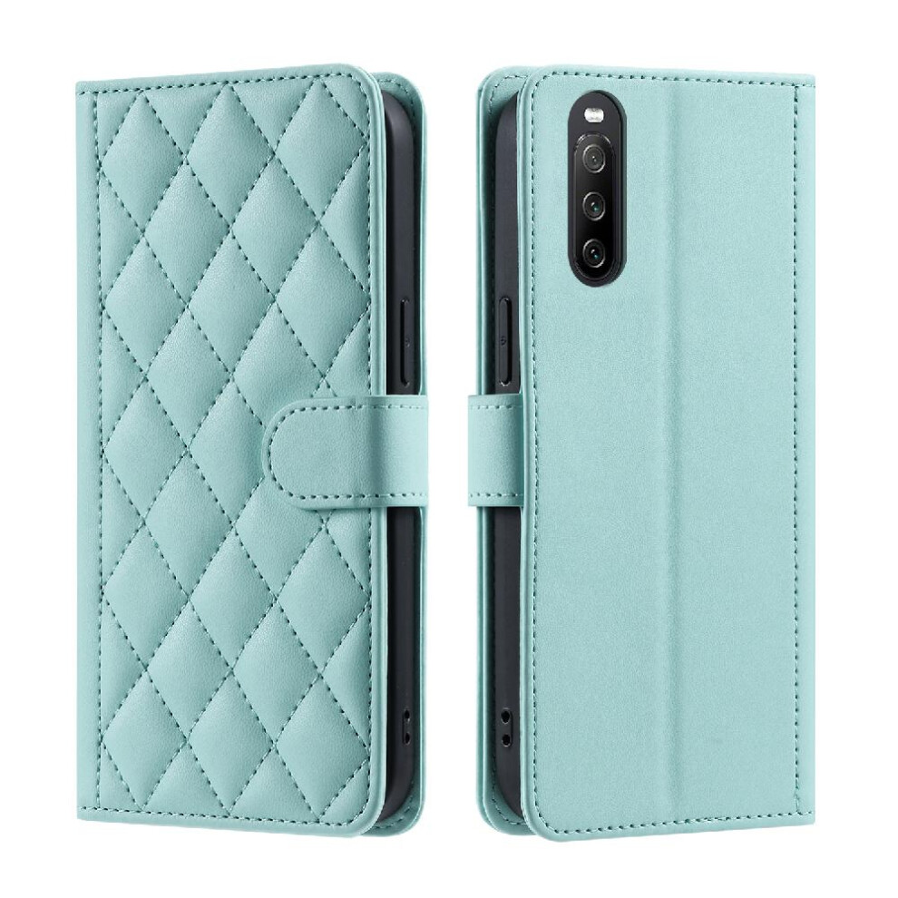 (Green) Phone Case For Sony Xperia 10 V Card Slots Holder Lattice Hand Strap Flip Folio Wallet Magnetic Green 764762755980