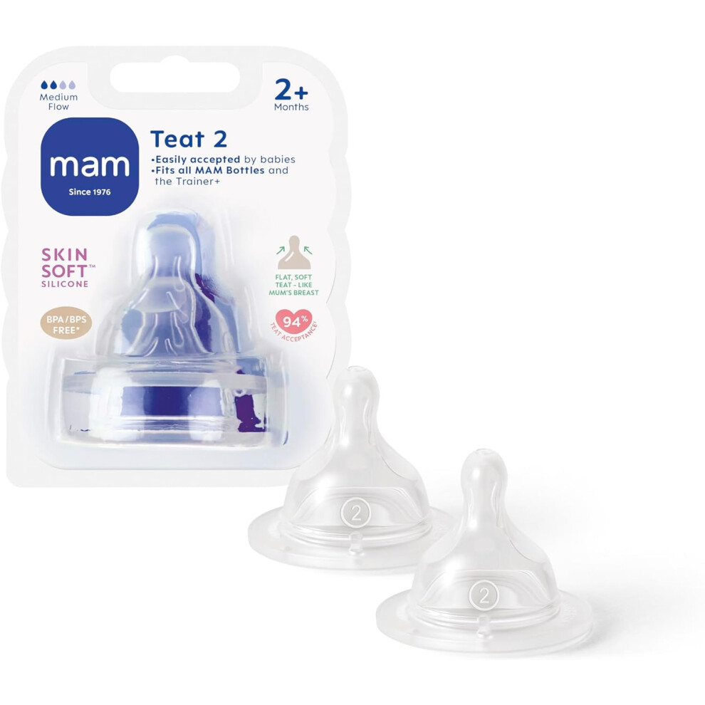 MAM Teats Size 2 Suitable for 2+ Months, MAM Medium Flow Teats with SkinSoft Silicone Fits All MAM Baby Bottles Baby Feeding Essentials Pack of 2