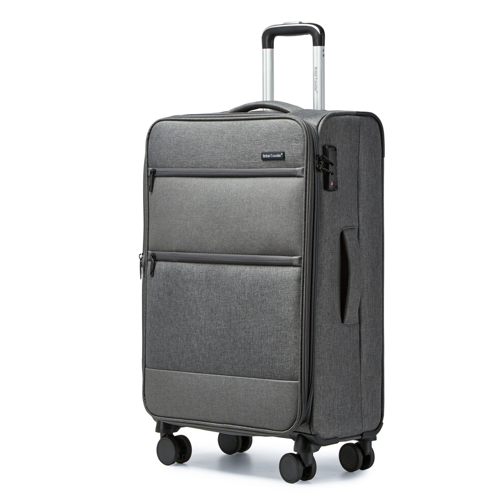 (Grey, 28 inch) 20/24/28 inch Polyester and Leather Soft Shell Luggage With TSA Lock