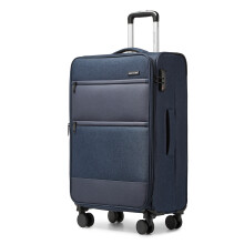 (Navy, 24 inch) 20/24/28 inch Polyester and Leather Soft Shell Luggage With TSA Lock
