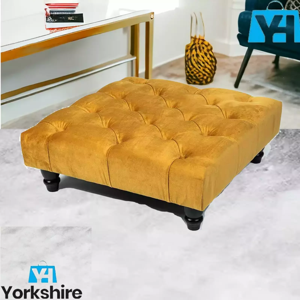 ((Mustard)) Chesterfield Upholstered Stool Pouffe 50x50x25cm