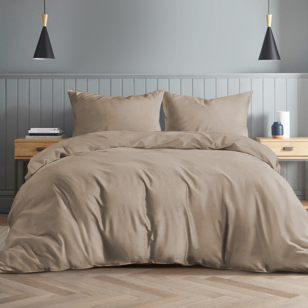 (Beige, King: 230 x 220 cm) Duvet Quilt Cover Plain Bedding Set & Pillowcases Pair