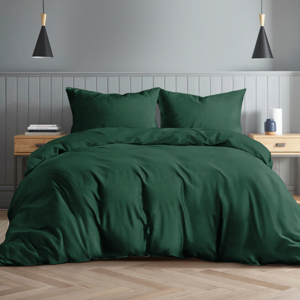 (Emerald Green, Double: 200 x 200 cm) Duvet Quilt Cover Plain Bedding Set & Pillowcases Pair