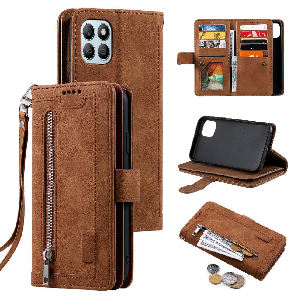 (Brown) Flip Case For Honor X8b 4G Kickstand 9 Card Slots Lanyard Pu Leather Wallet Brown 764762757816