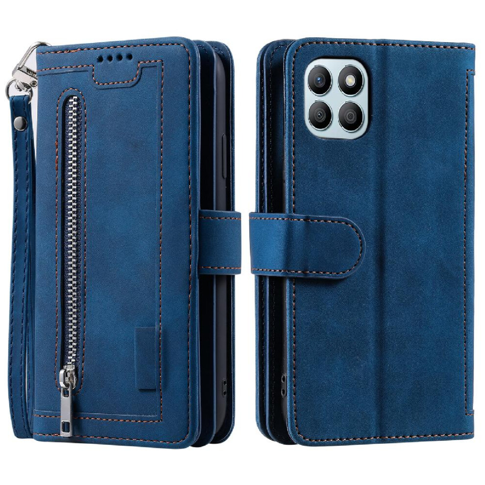 (Blue) Flip Case For Honor X8b 4G Kickstand 9 Card Slots Lanyard Pu Leather Wallet Blue 764762757786