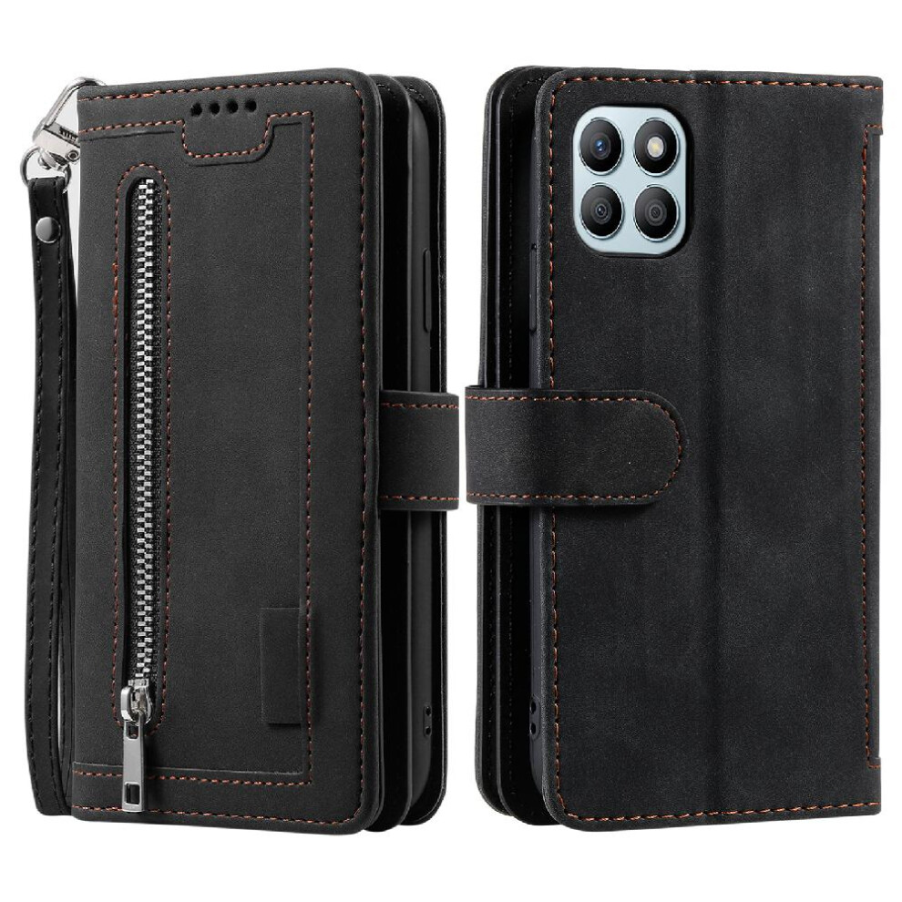 (Black) Flip Case For Honor X8b 4G Kickstand 9 Card Slots Lanyard Pu Leather Wallet Black 764762757793