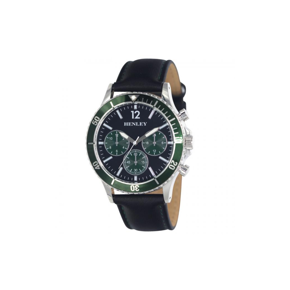 Henley Men's Polished Round Sports Case Green Dial With Black Leather Strap Watch H02210.11