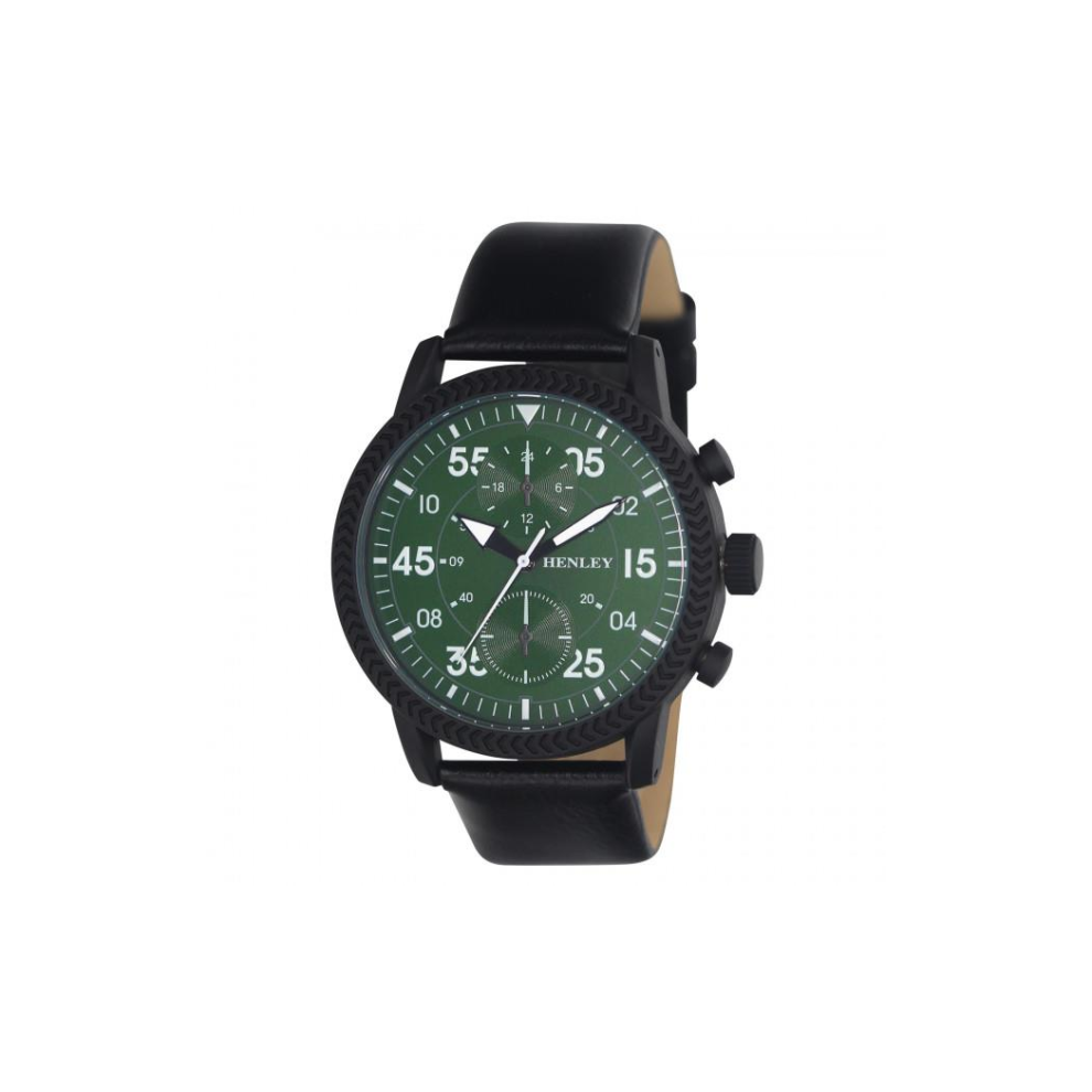 Henley Men's Bold Textured sports Green Dial With Black Leather Strap Watch H02212.11