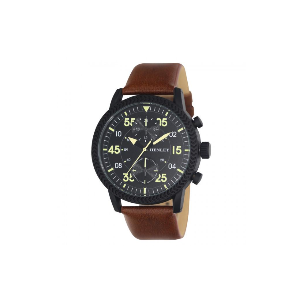 Henley Men's Bold Textured sports Black Dial With Brown Leather Strap Watch H02212.3