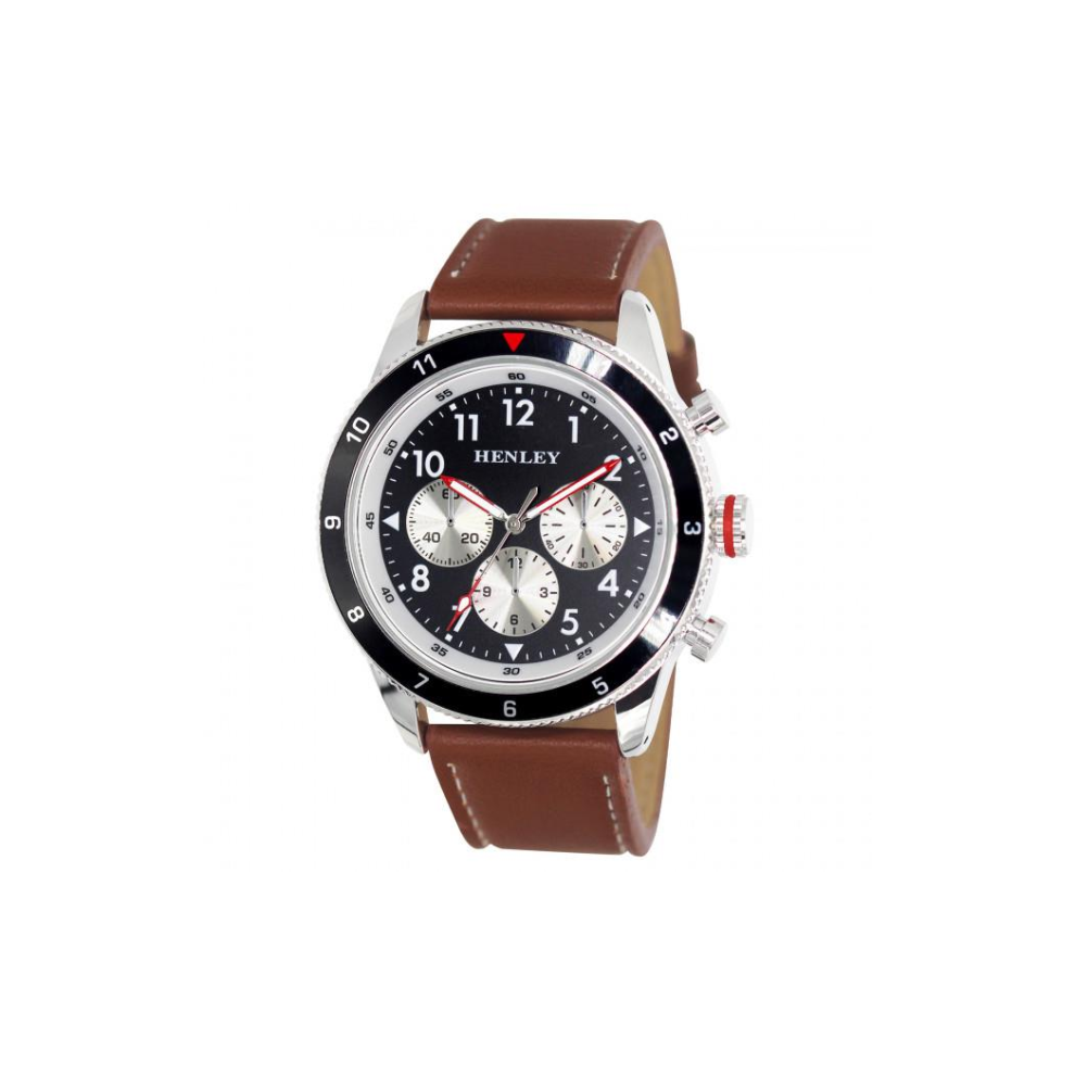 Henley Mens Multi Eye Black Dial With Brown Sports Large Leather Strap Watch H02219.2