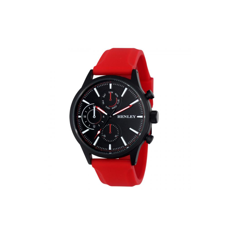 Henley Mens Multi Eye Black Dial With Sports Large Red Silicone Strap Watch H02222.10