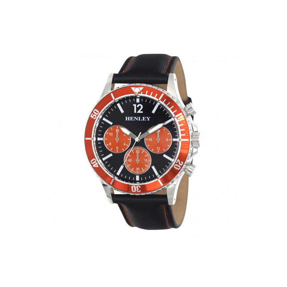 Henley Mens Polished Round Sports Case Orange Dial With Black Leather Strap Watch H02210.8