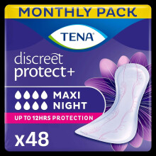 TENA Discreet Maxi Night Incontinence Pads for Heavy Bladder Weakness, 48 Incontinence Pads (6 x 8 Packs) for Women Designed for Night Time Protection
