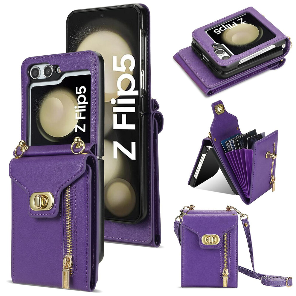 (Purple) Wallet Case For Samsung Galaxy Z Flip 5, Pu Leather Shockproof Cover With Zipper Card Holder Purple 4814698382203
