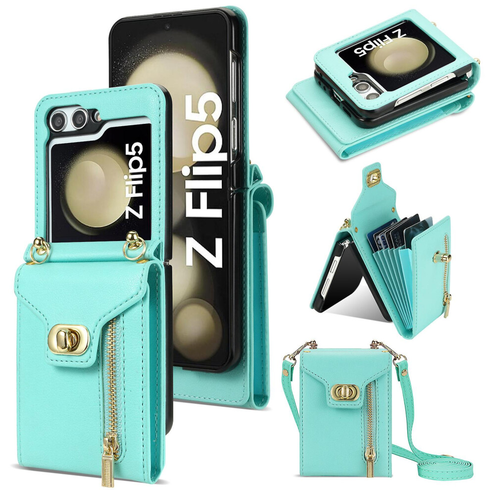 (Green) Wallet Case For Samsung Galaxy Z Flip 5, Pu Leather Shockproof Cover With Zipper Card Holder Green 4814698382210