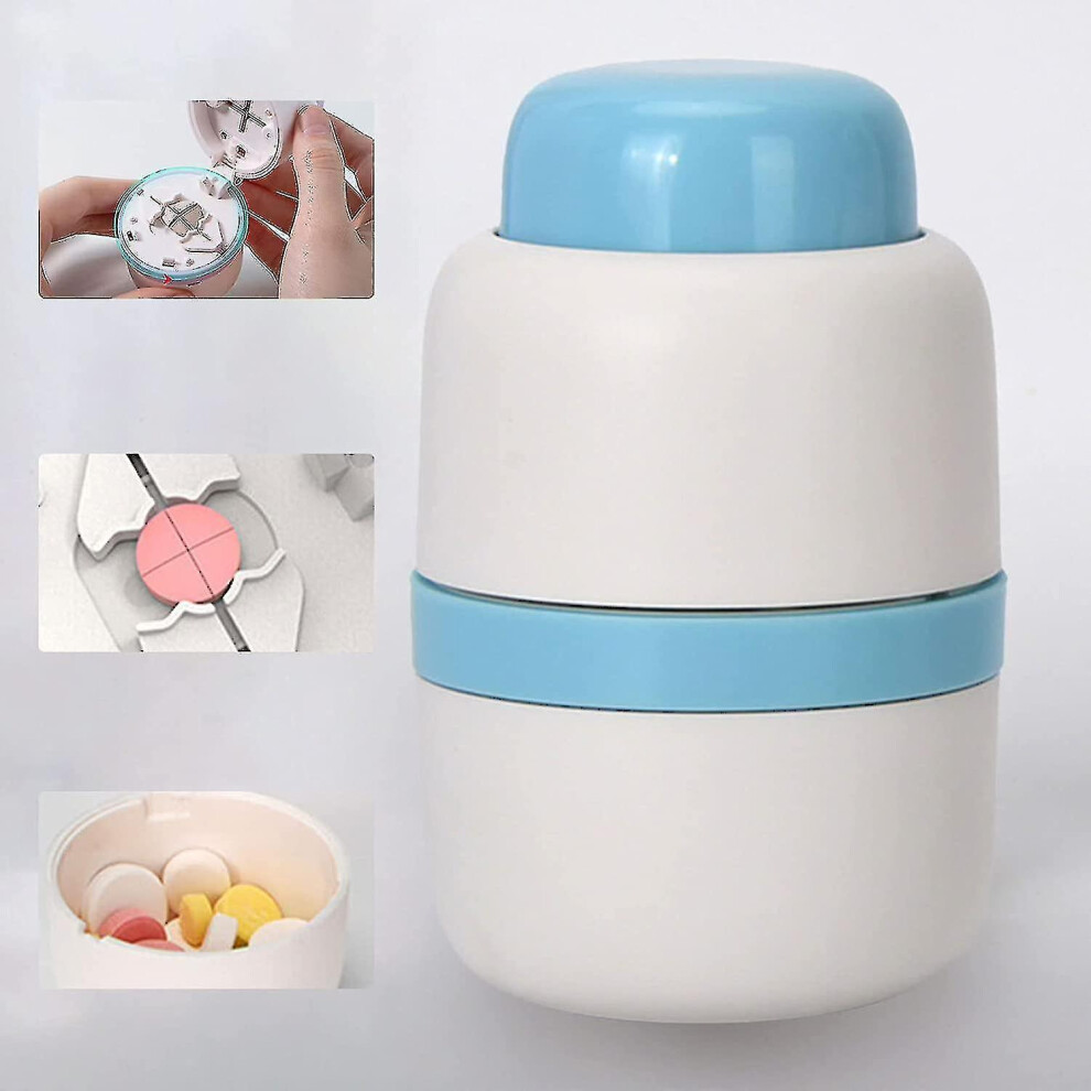 (Blue) Pill Cutter For Small Pills 1/4, Crusher Tablet Into Half Or Quarter, Hidden Safety Blade Portable Pill Splitter Box