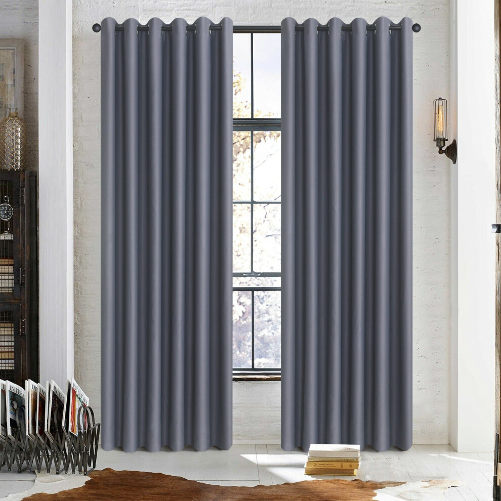 (Grey, 46" x 72") Thick Thermal Blackout Ready Made Eyelet Ring Top Pair Curtains Panel