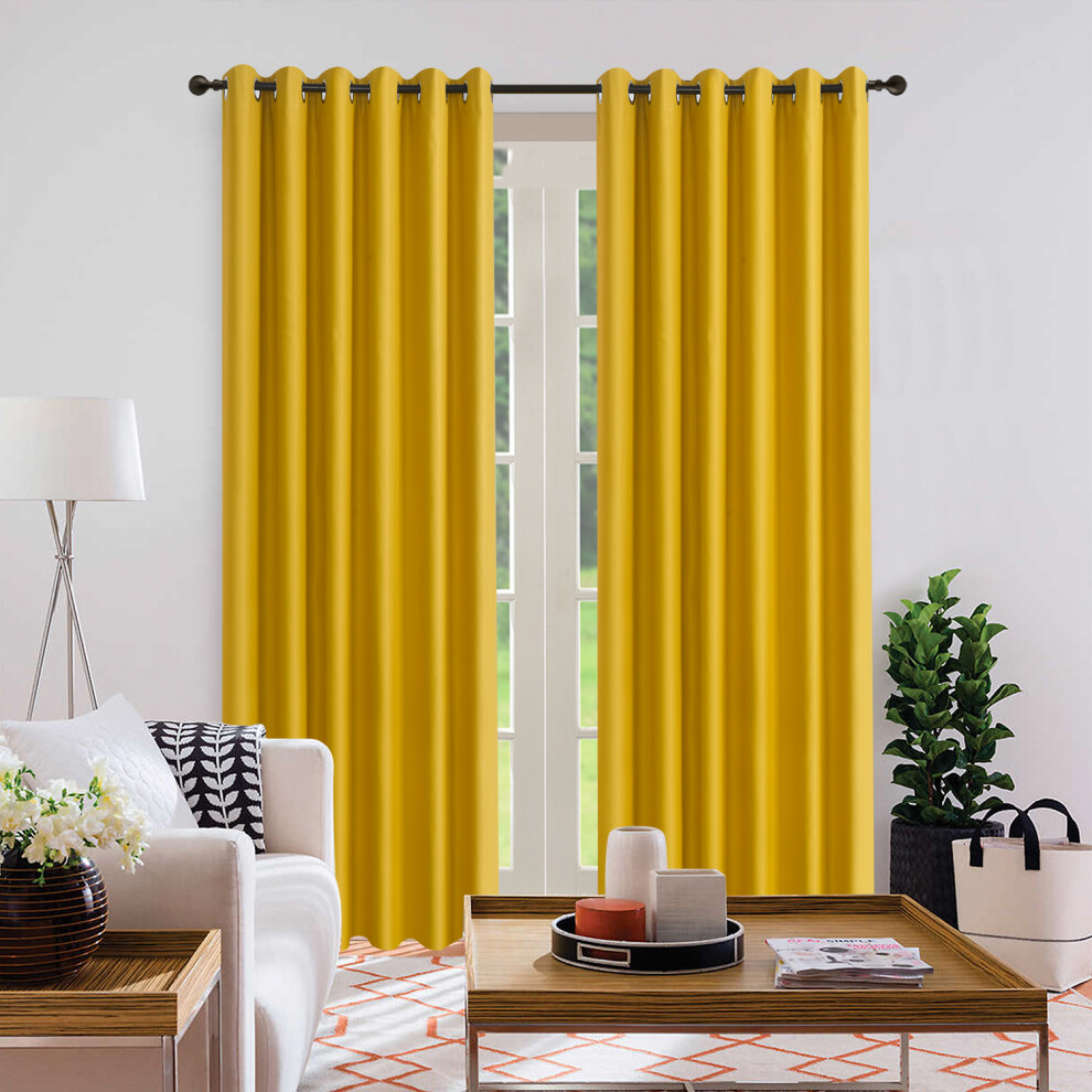 (Mustard, 46" x 54") Thick Thermal Blackout Ready Made Eyelet Ring Top Pair Curtains Panel