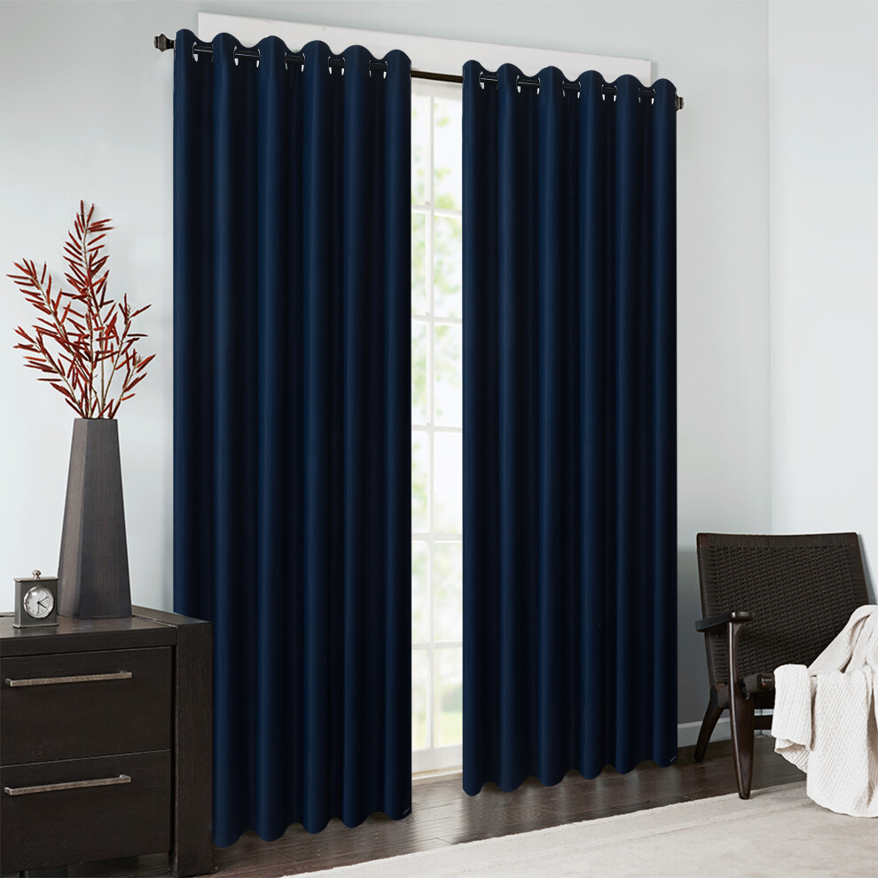 (Navy, 66" x 90") Thick Thermal Blackout Ready Made Eyelet Ring Top Pair Curtains Panel