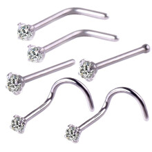 (Silver) 6pcs/set Cubic Zirconia L-bar Curved Rod Nose Stud Body Piercing Jewelry Decor