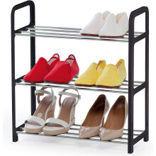 Shoe rack, space-saving stainless steel, 3-tier shoe rack, steel tube, plastic, black, silver