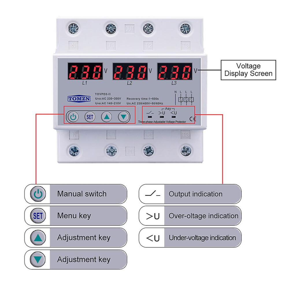 Tomzn Three Phase Adjustable Over And Under Voltage Protector Automatic Recovery Protective Device 4814698407517