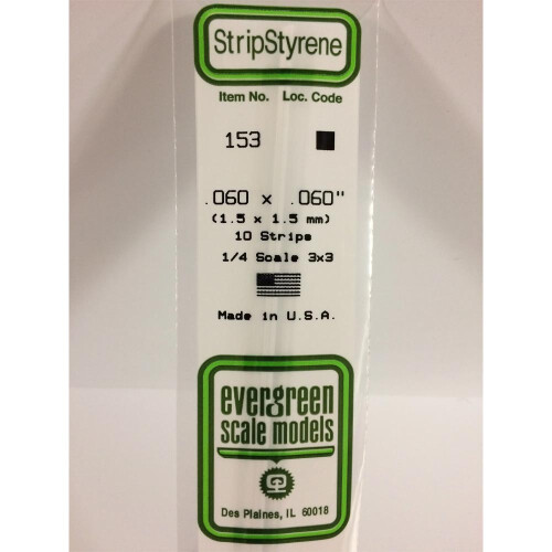 Evergreen Evergreen 153 - 0.06" x 0.06" Polystyrene Strips 14"/35cm 10pcs