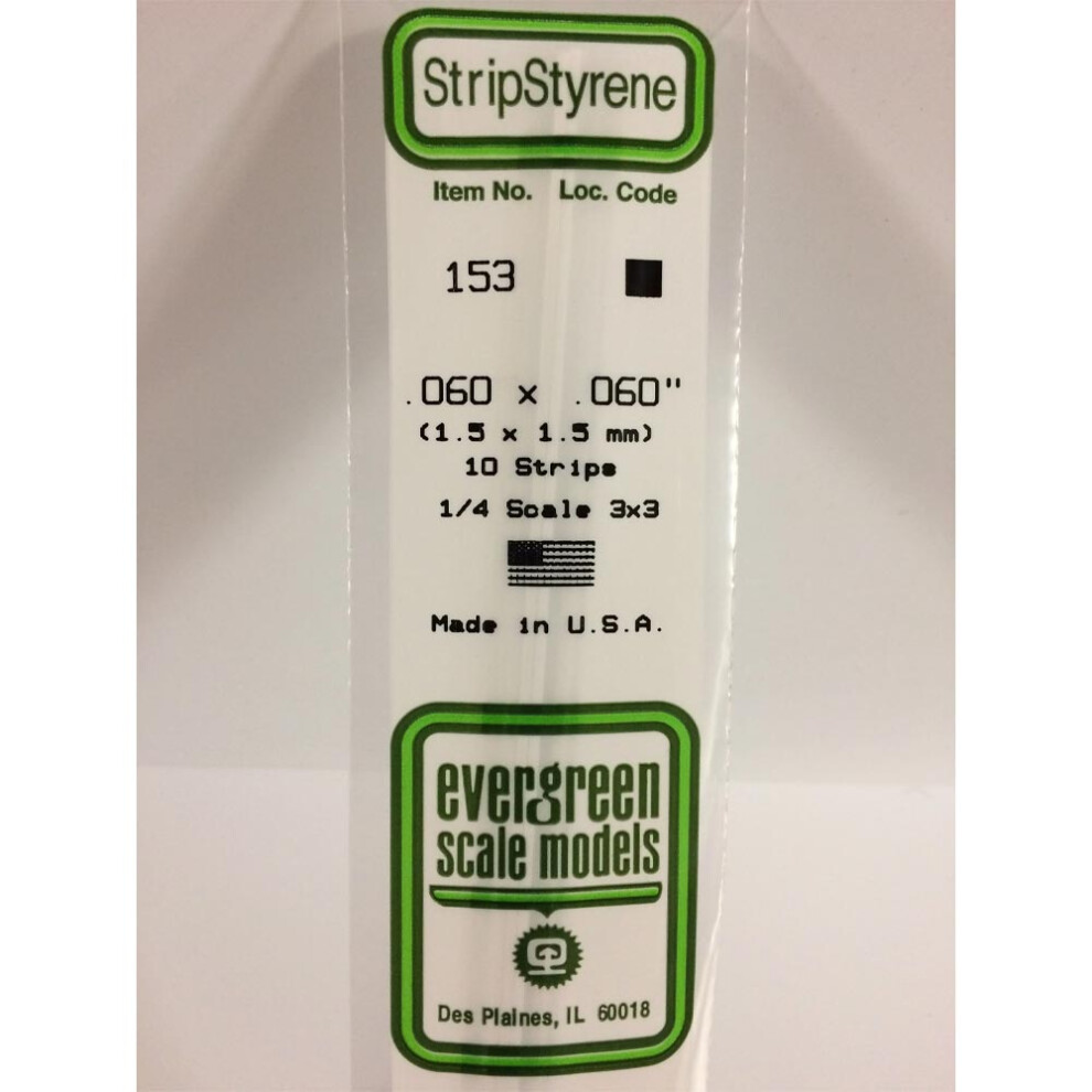Evergreen 153 - 0.06" X 0.06" Polystyrene Strips 14"/35Cm 10Pcs