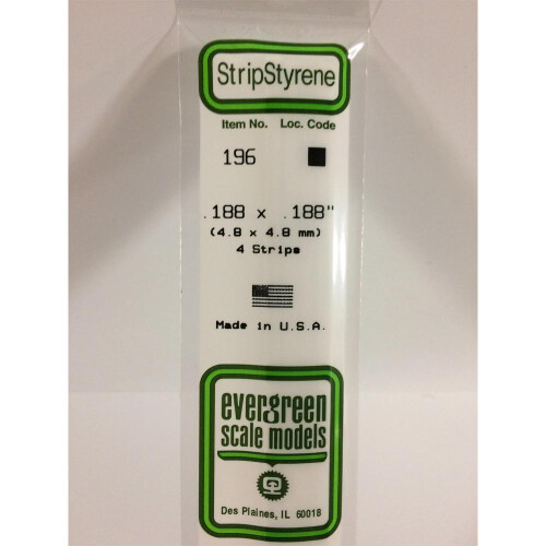 Evergreen Evergreen 196 - 0.188" x 0.188" Polystyrene Strips 14"/35cm 10pcs