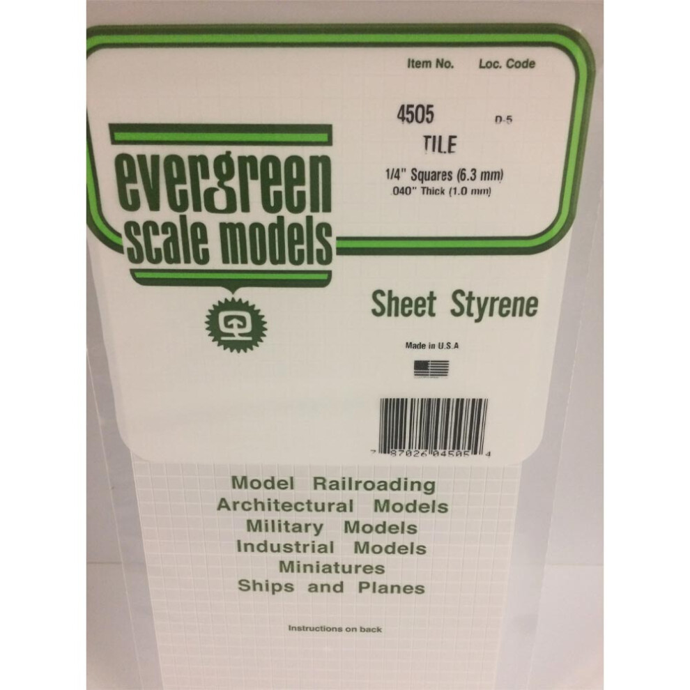 Evergreen 4505 - 1/4" x 1/4" Polystyrene Square Tile Sheet 6" x 12