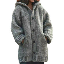 (Grey, M) Women's Knitted  Hooded Long Cardigan