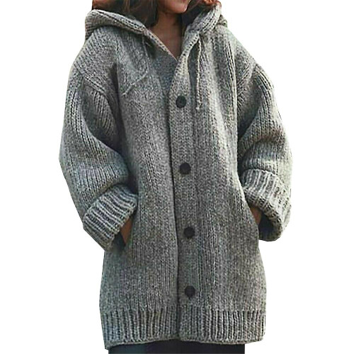 (Grey, M) Women's Knitted  Hooded Long Cardigan