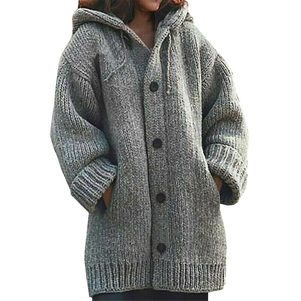 (Grey, M) Women's Knitted  Hooded Long Cardigan