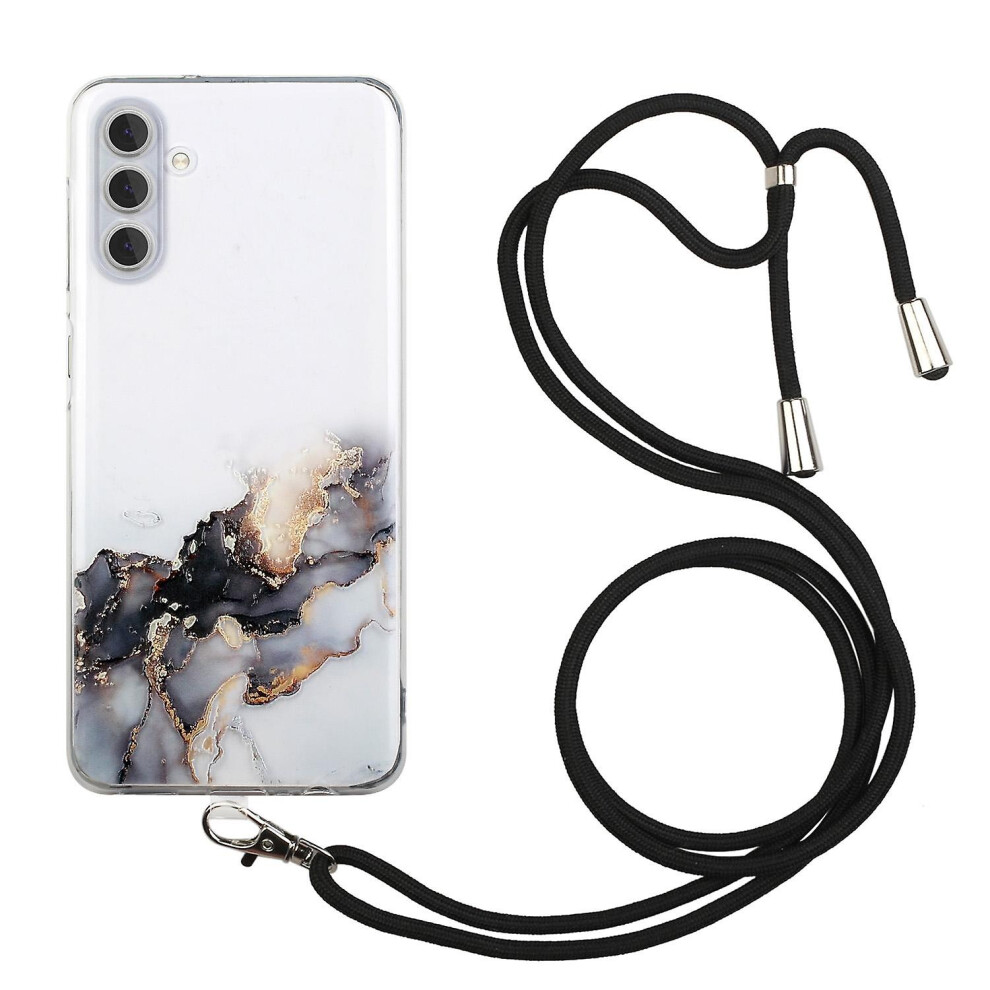 (Black) For Samsung Galaxy A34 5G Drop Resistant Phone Case Marble Pattern Embossing Tpu Cover With Lanyard Black 4814698440651